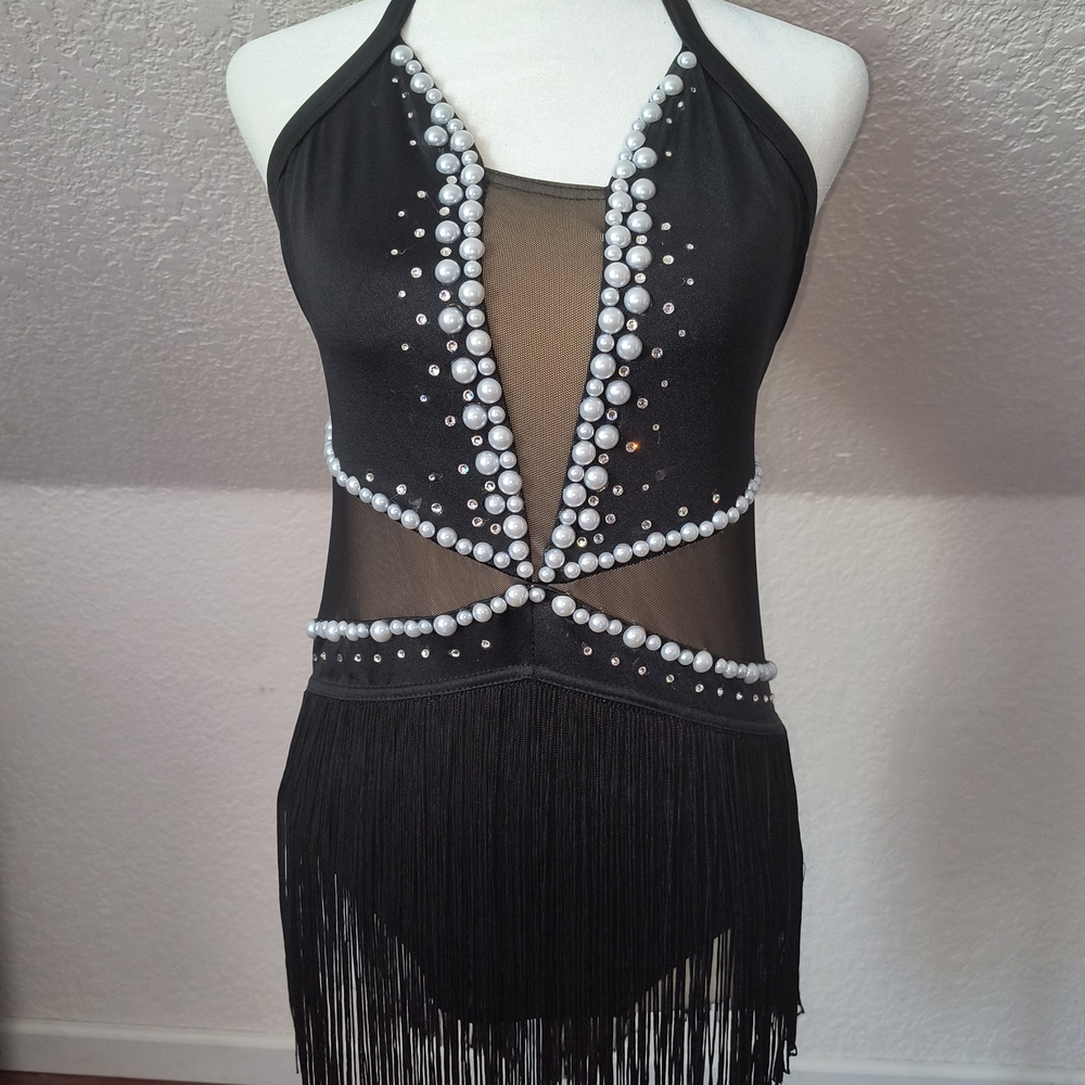Black Fringe Dance Costume Leotard with Pearl Accents